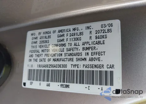 2006 Acura Tl from USA, damaged, VIN 19UUA66256A036300